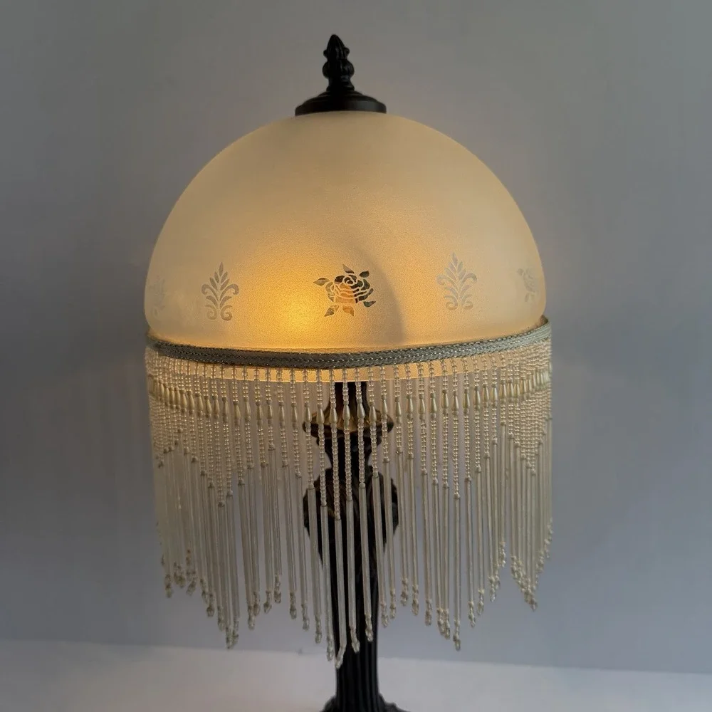 Art Deco Style Lamp Beaded Fringe Frosted Glass Shade VTG Victorian Rose Boudoir
